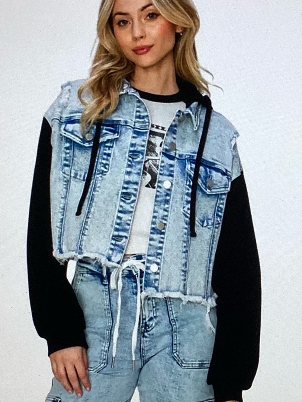 Risen Cropped Acid Wash Denim Jacket with Black Hoodie and Sleeves